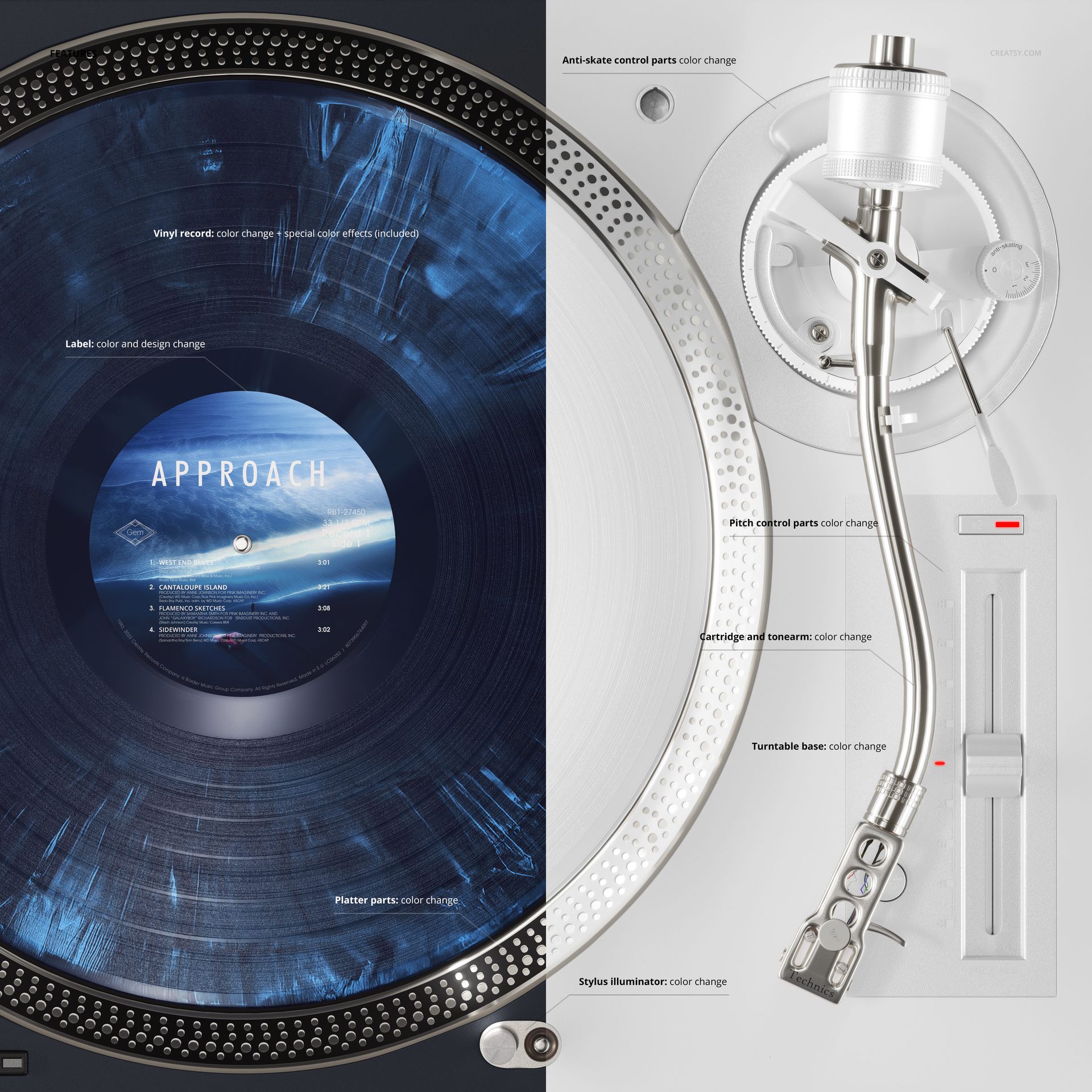 Top view of a vinyl record on a turntable with a blue patterned label, silver tonearm, and white base in a mockup scene.