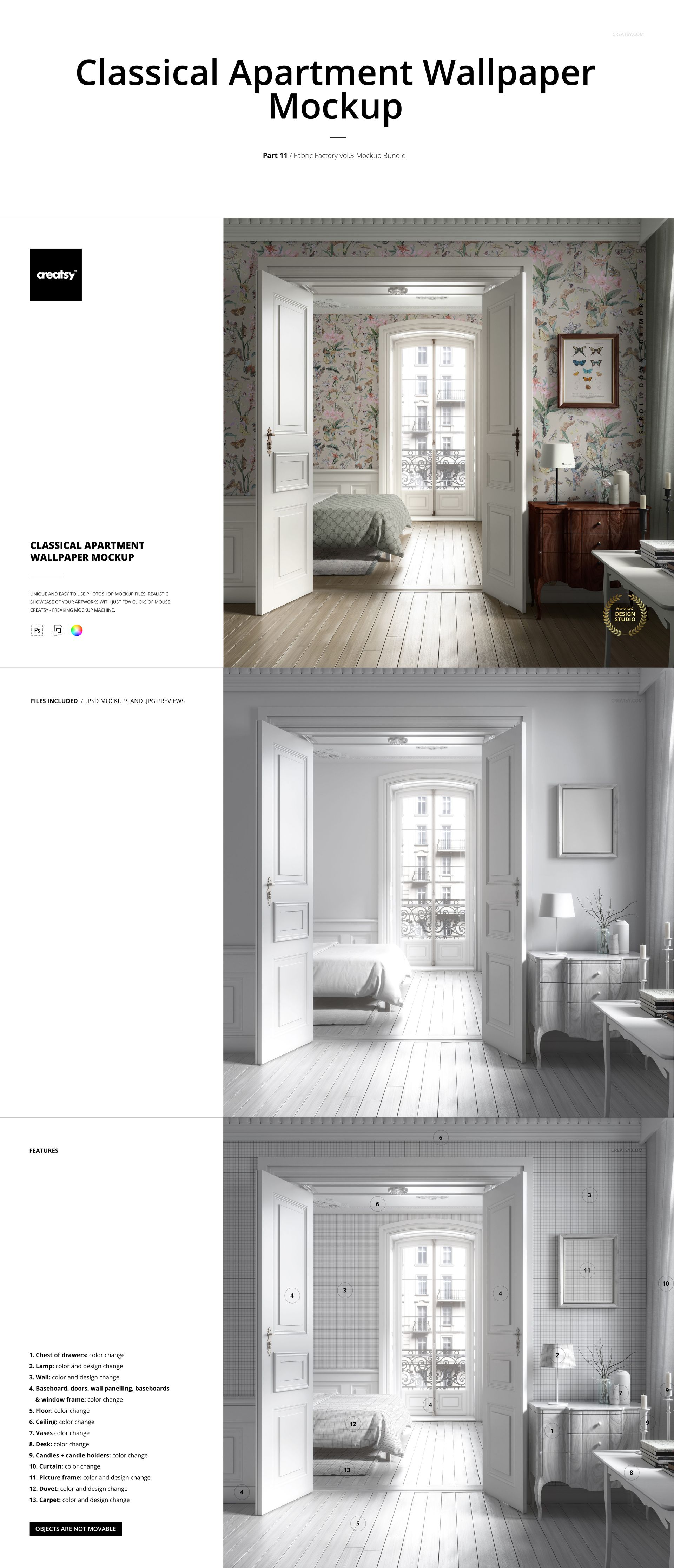 PSD mockup showing a home interior with floral wall design, open doors, and a small bed in natural daylight.