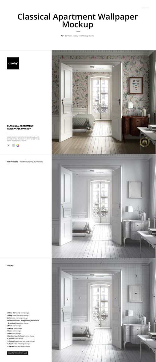 PSD mockup showing a home interior with floral wall design, open doors, and a small bed in natural daylight.