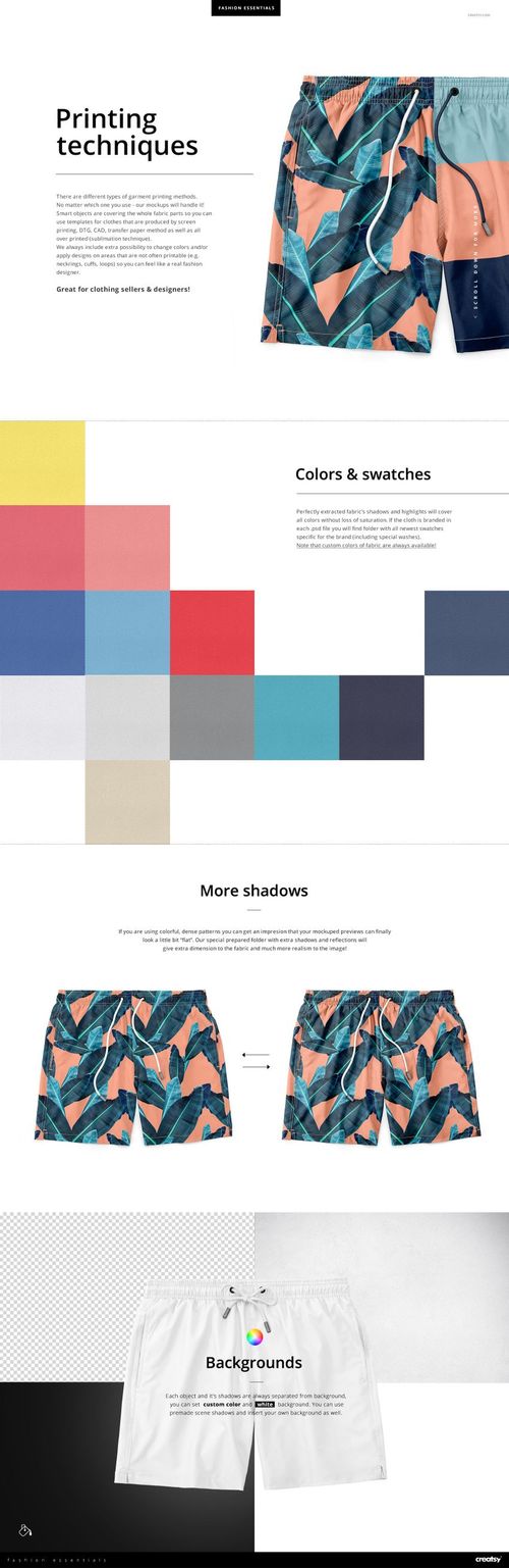 Front view of men's swim trunks with a bold geometric pattern in teal and coral, displayed in a PSD mockup scene.