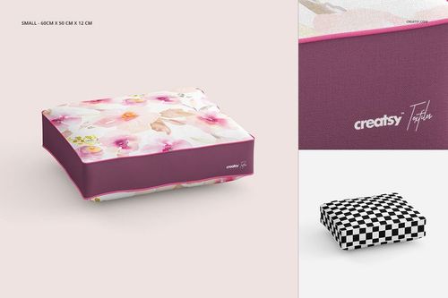 Rectangle pillow mockup set showing multiple sizes with floral and checkered patterns, front and angled views.