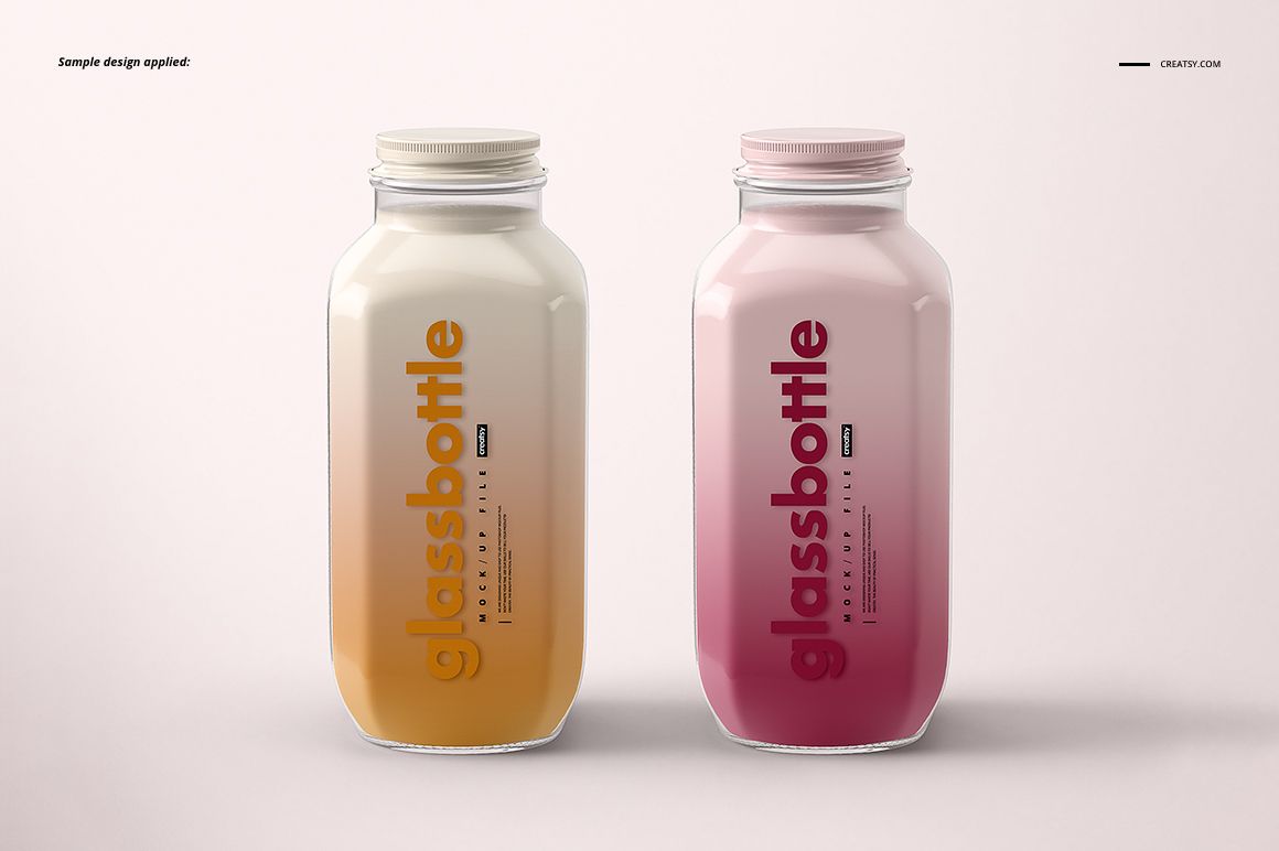 Mockup of glass bottles in a minimal setting, each with bold vertical text labels and different colored contents.