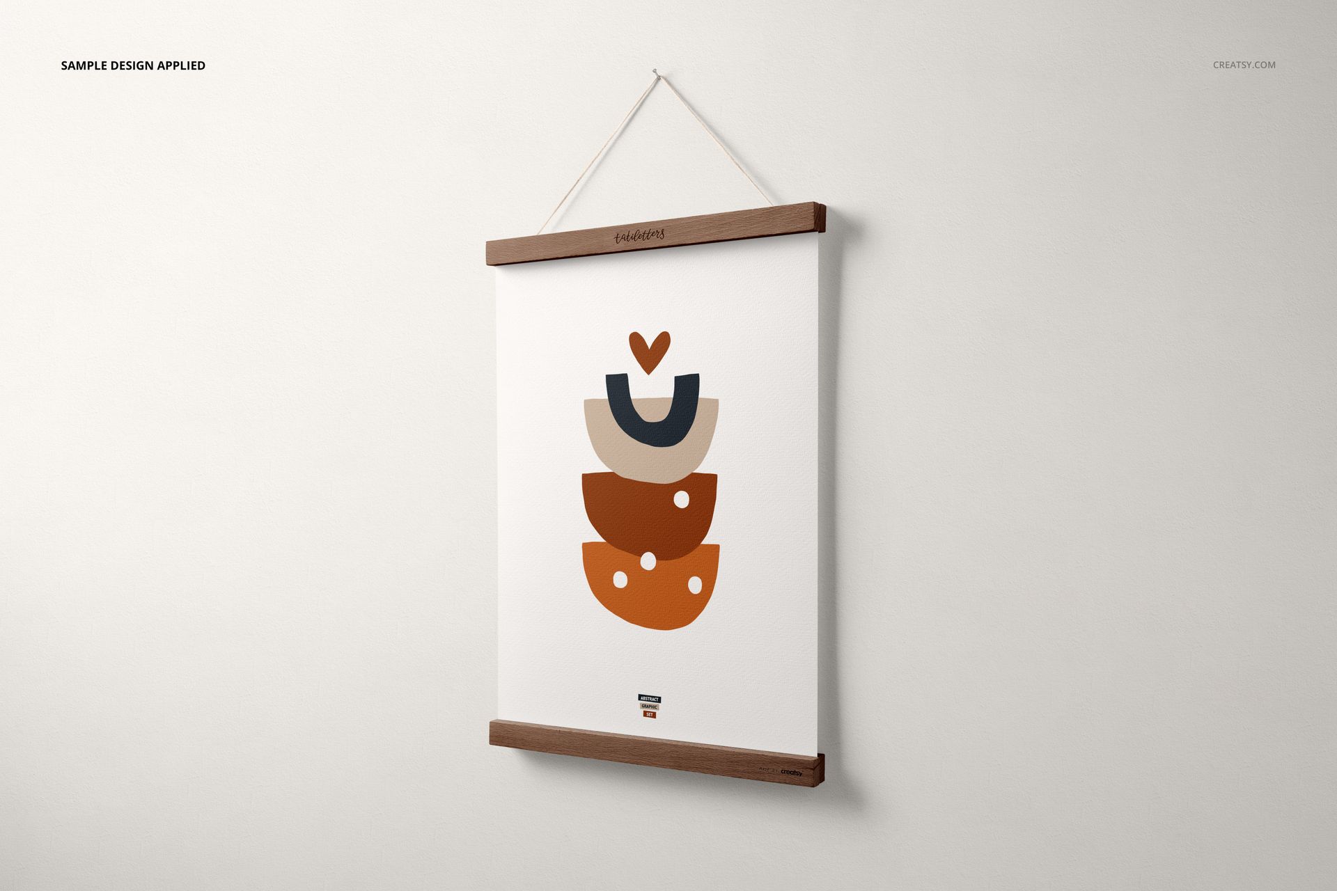 Minimalist A3 poster mockup featuring brown wooden hangers, abstract shapes, and a neutral wall background.
