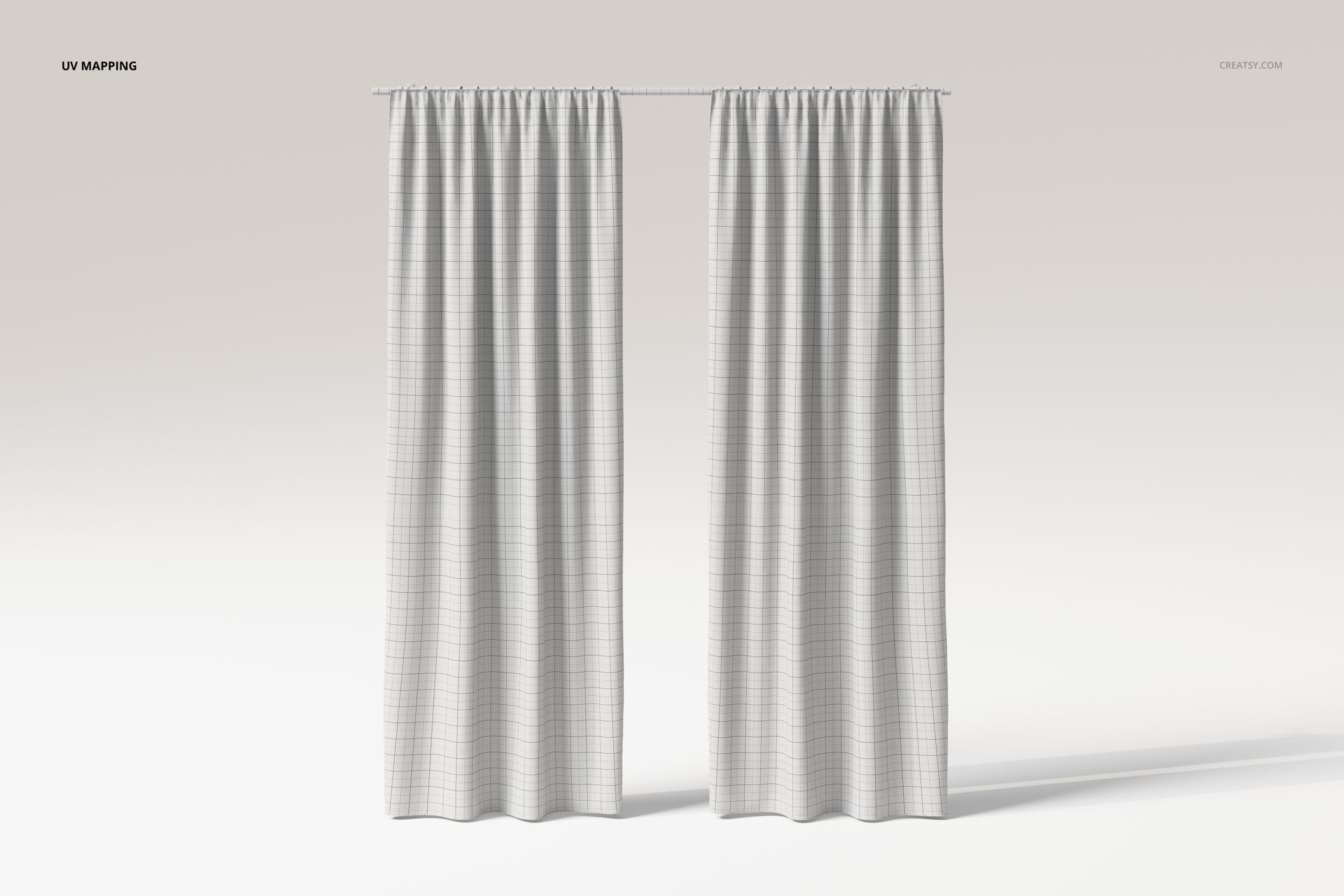 Front view of two white curtains with a subtle grid pattern hanging from a rod against a plain background.