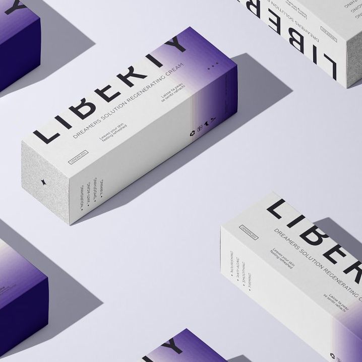 Tall box mockup featuring several rectangular packaging boxes with a white and purple gradient design, arranged on a light surface.