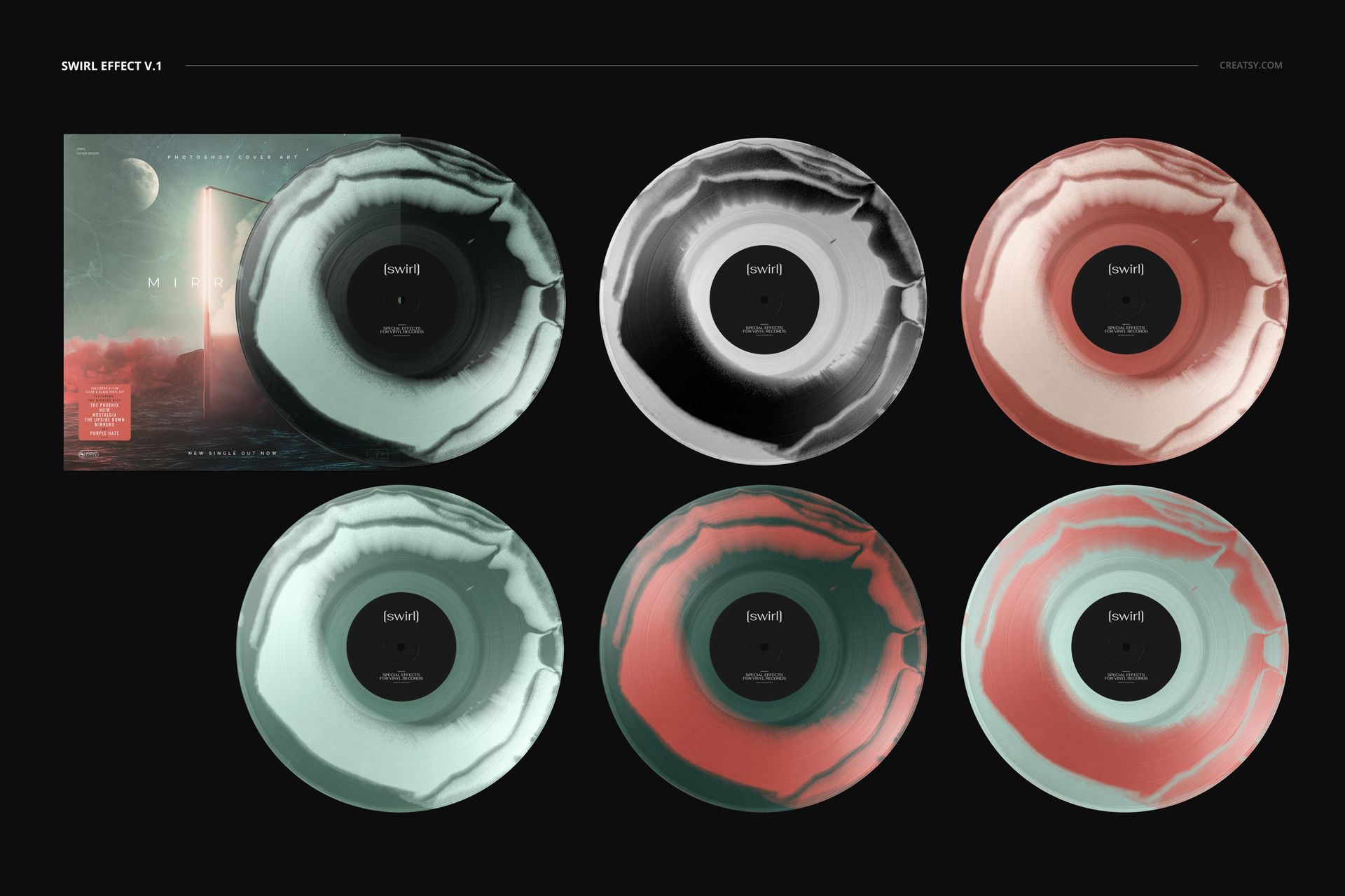 PSD mockup set showing six vinyl records with marbled color effects and a record cover, all arranged on a dark surface.