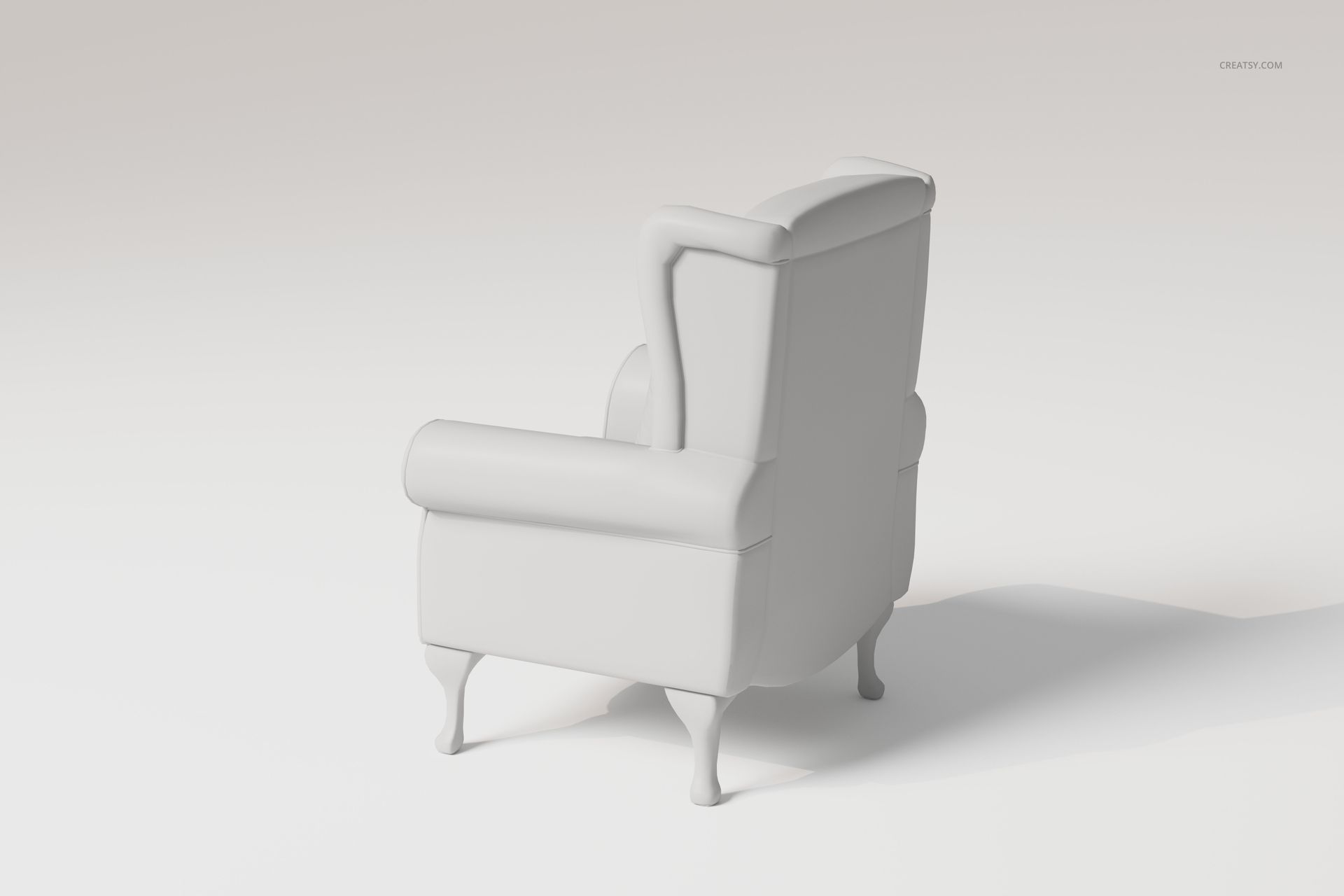 Rolled arm wing chair in a 3D model render, shown from a rear angle with smooth white upholstery and curved legs.
