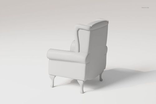 Rolled arm wing chair in a 3D model render, shown from a rear angle with smooth white upholstery and curved legs.