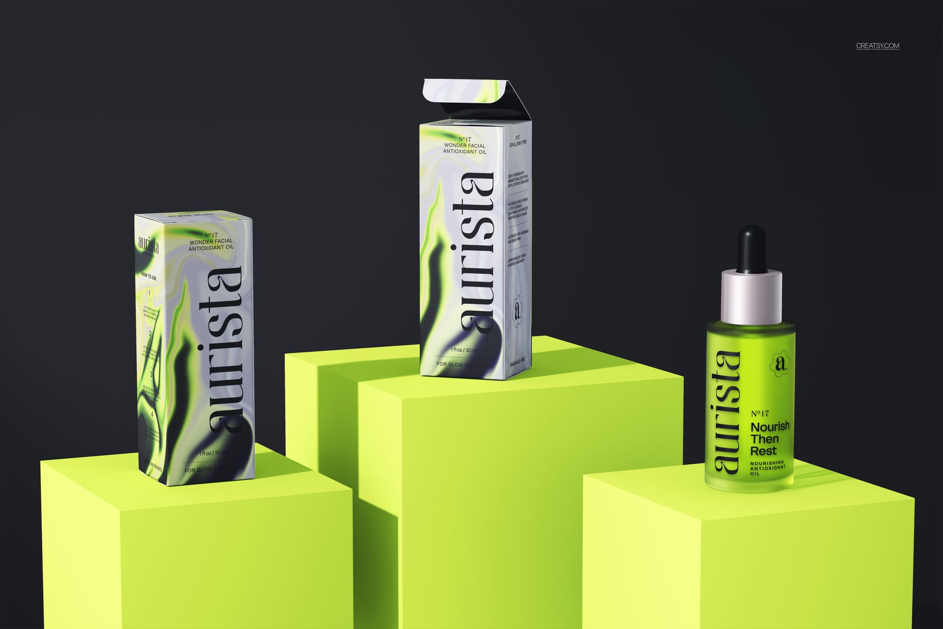 Front view of three cosmetic dropper bottle mockups and boxes on neon yellow pedestals against a dark background.