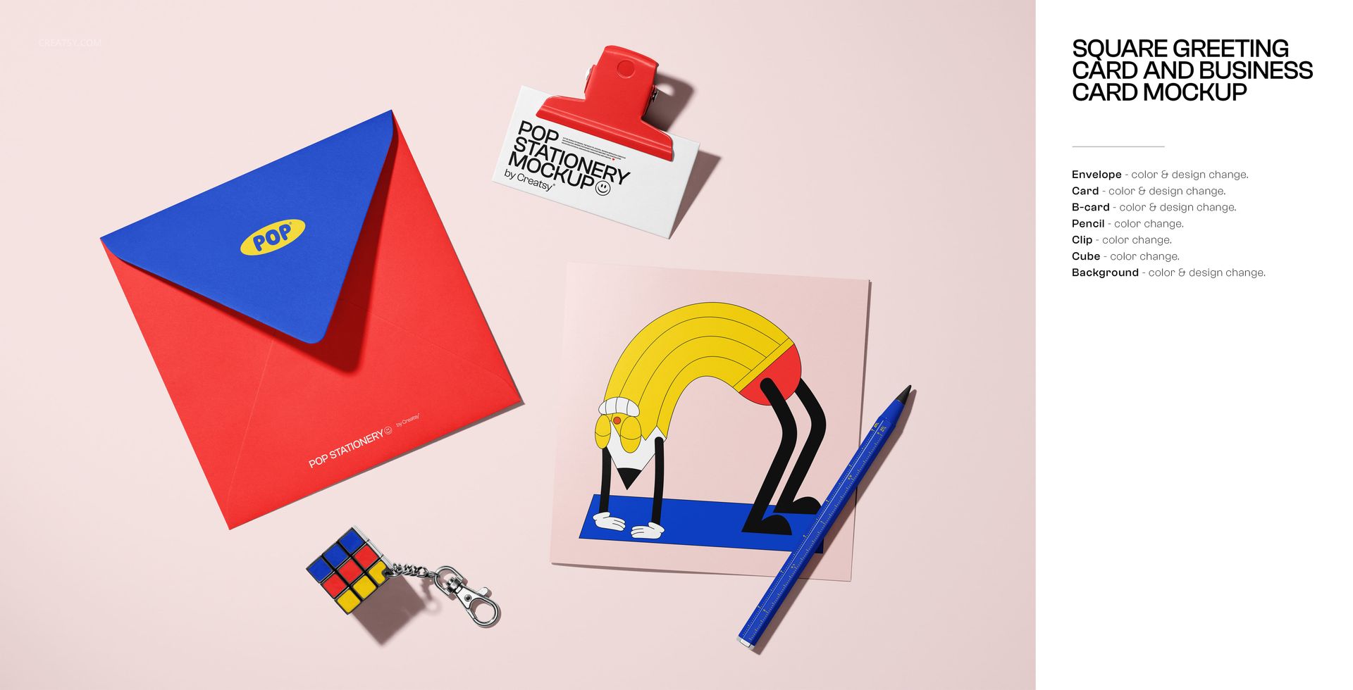 Assorted stationery mockup featuring a square card, vibrant envelope, pen, clip, and small cube keychain from above.