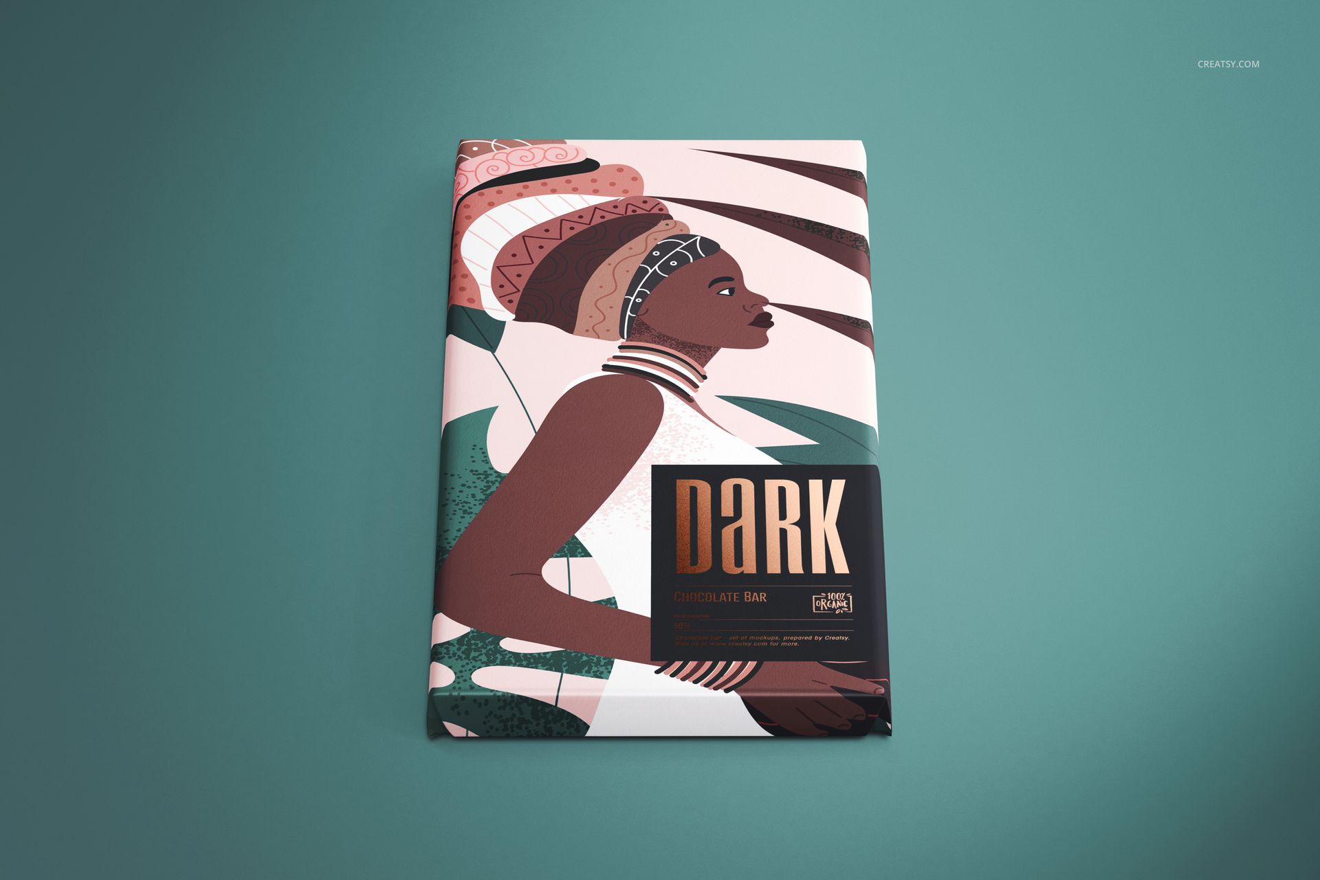 Front view of a chocolate bar mockup with illustrated packaging featuring a woman in profile and geometric patterns.