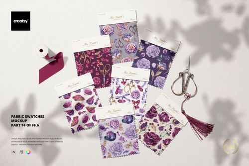 Fabric swatches mockup featuring assorted designs in violet, lavender, and rose hues, displayed from a top view.