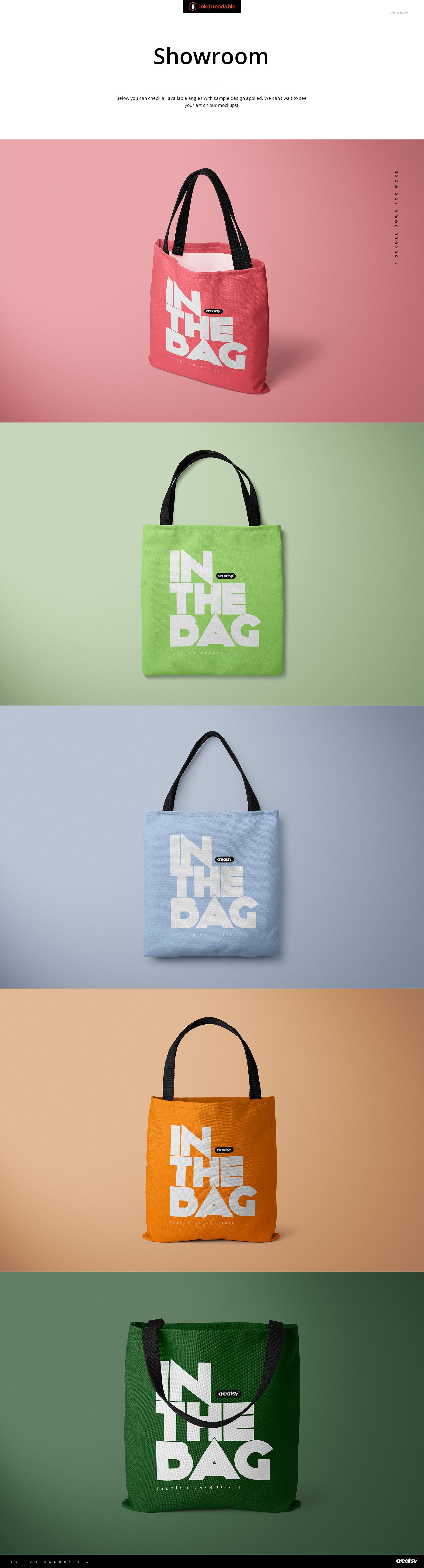 Polyester tote bag PSD mockup featuring various colors and black straps, arranged vertically against colored surfaces.