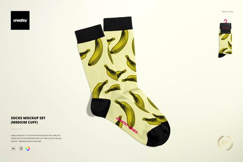 Medium cuff socks mockup with black accents and banana print, displayed flat on a light surface from a top-down view.