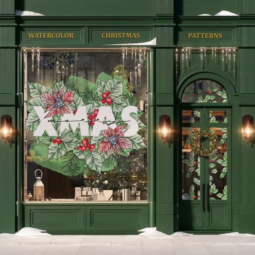 Christmas storefront mockup featuring a large window with watercolor holly and poinsettia designs, text reading 'XMAS', and festive decorations.