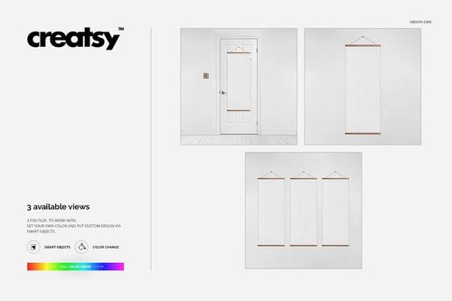 Door banner mockup set featuring three blank vertical banners with wooden rods, shown on a white wall and door.