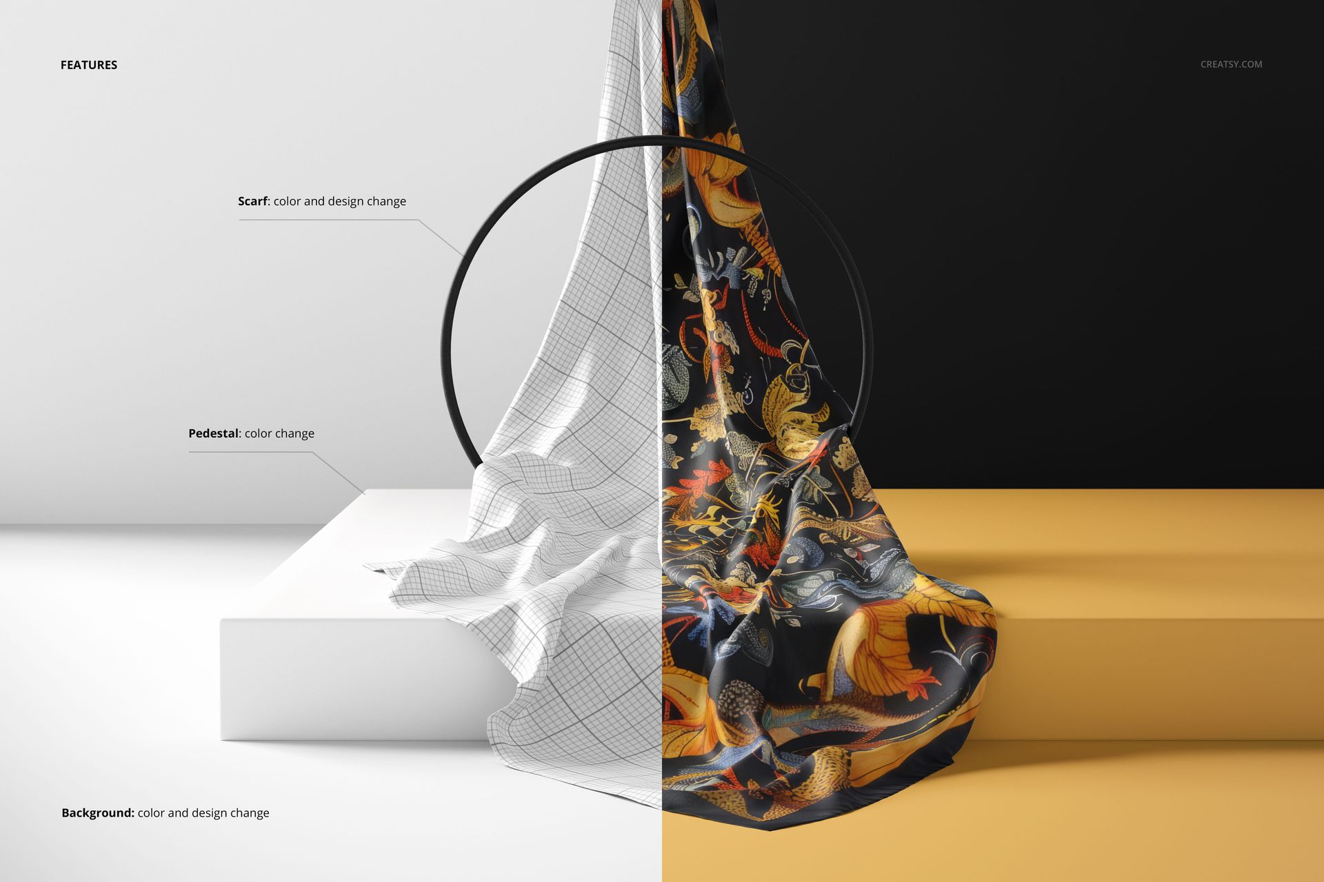Front view of a silk scarf mockup, half showing a digital wireframe and half with a vibrant abstract print on a pedestal.