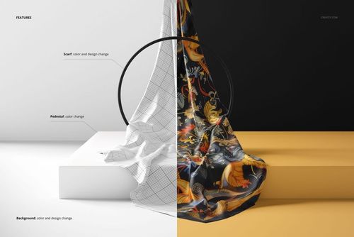 Front view of a silk scarf mockup, half showing a digital wireframe and half with a vibrant abstract print on a pedestal.