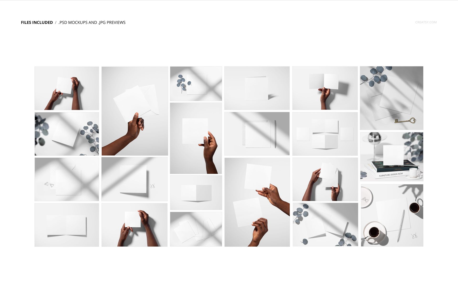 Square folded greeting cards mockup set displayed in various positions, with blank white cards on minimalist backgrounds.