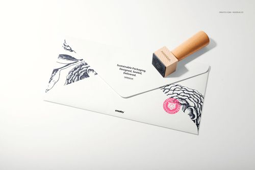 Stationery mockup showing a wooden stamp and envelope with monochrome designs and a pink seal on a light surface.