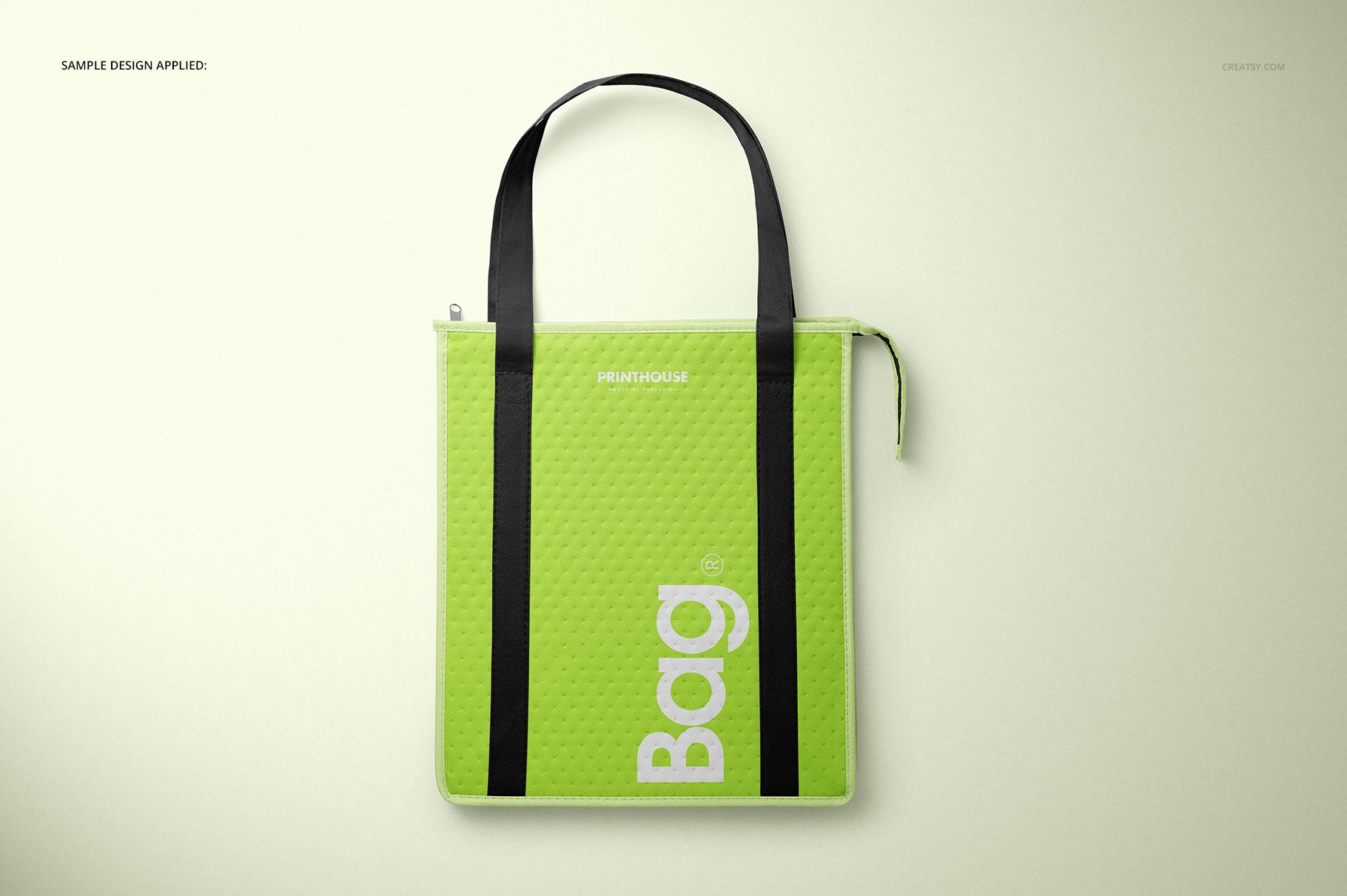 Therm-O-Tote insulated cooler bag mockup in bright green, shown upright with black straps and minimalist design.