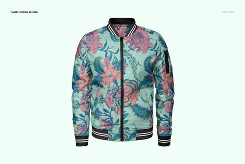 Front view of men's bomber jacket mockup with a vibrant floral pattern in pink and green tones on a light background.