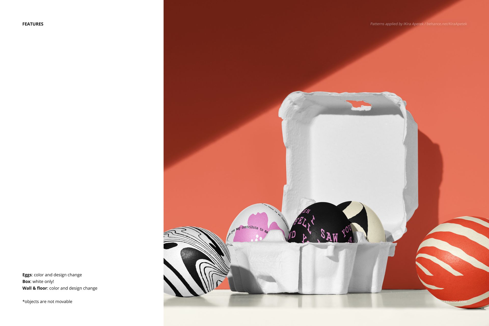 Mockup showing a white egg box with five Easter eggs featuring bold stripes and abstract designs in vivid colors.