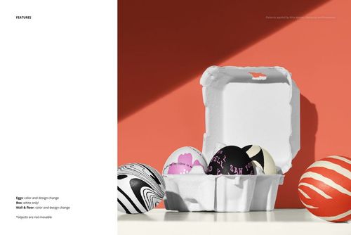 Mockup showing a white egg box with five Easter eggs featuring bold stripes and abstract designs in vivid colors.