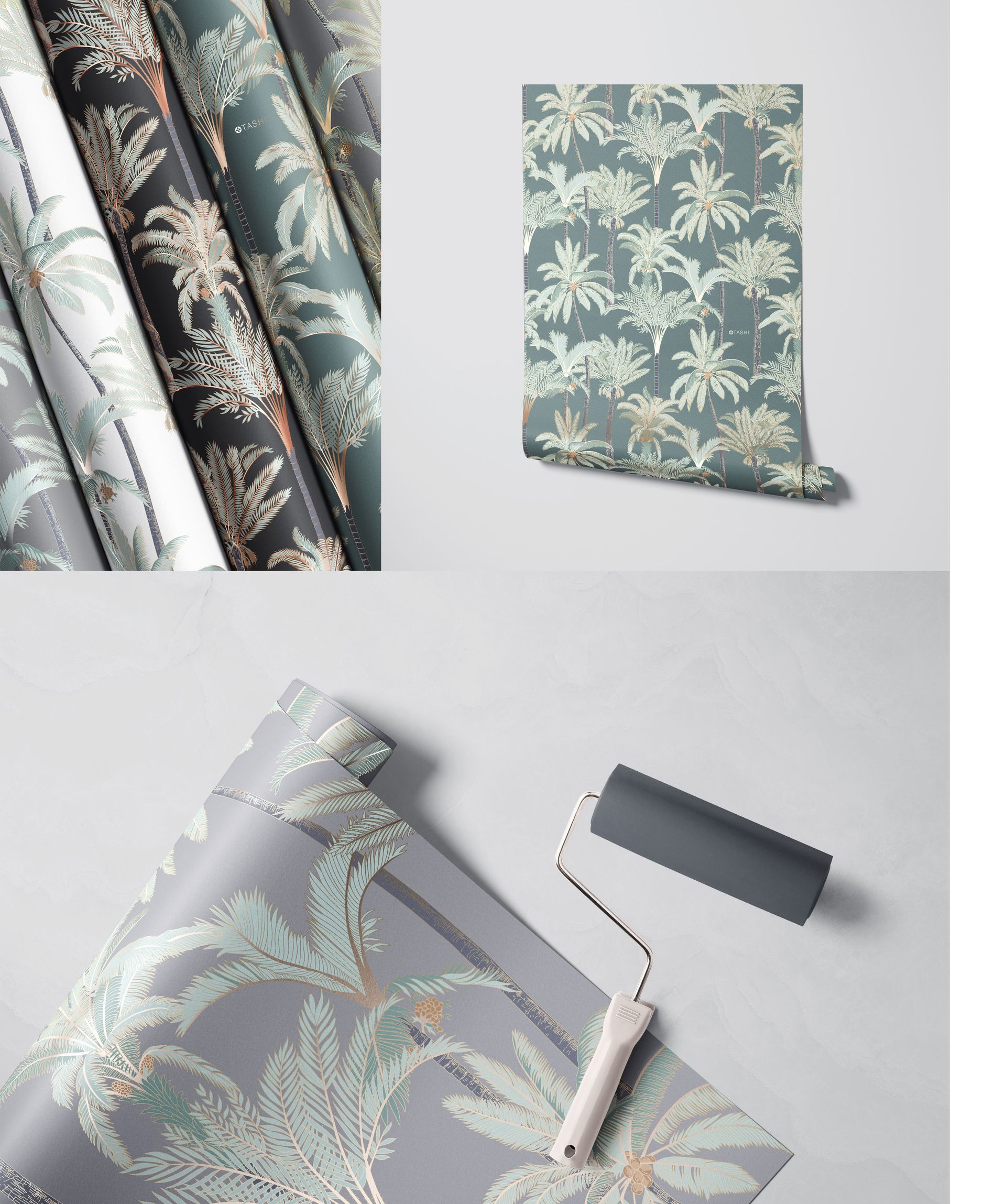 Paper wallpaper mockup featuring tropical leaf designs in gray, green, and cream tones, displayed with a paint roller.
