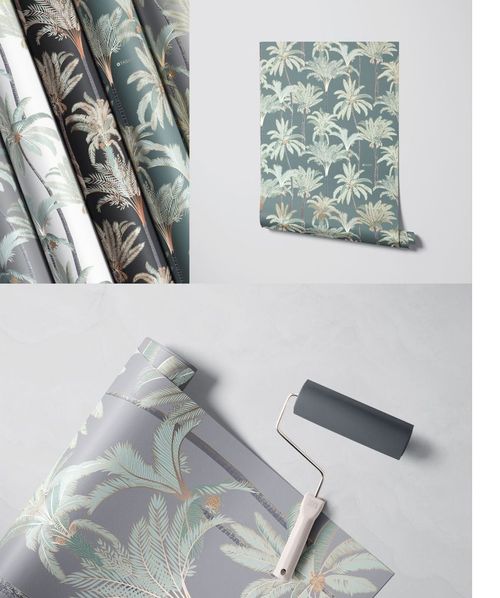 Paper wallpaper mockup featuring tropical leaf designs in gray, green, and cream tones, displayed with a paint roller.
