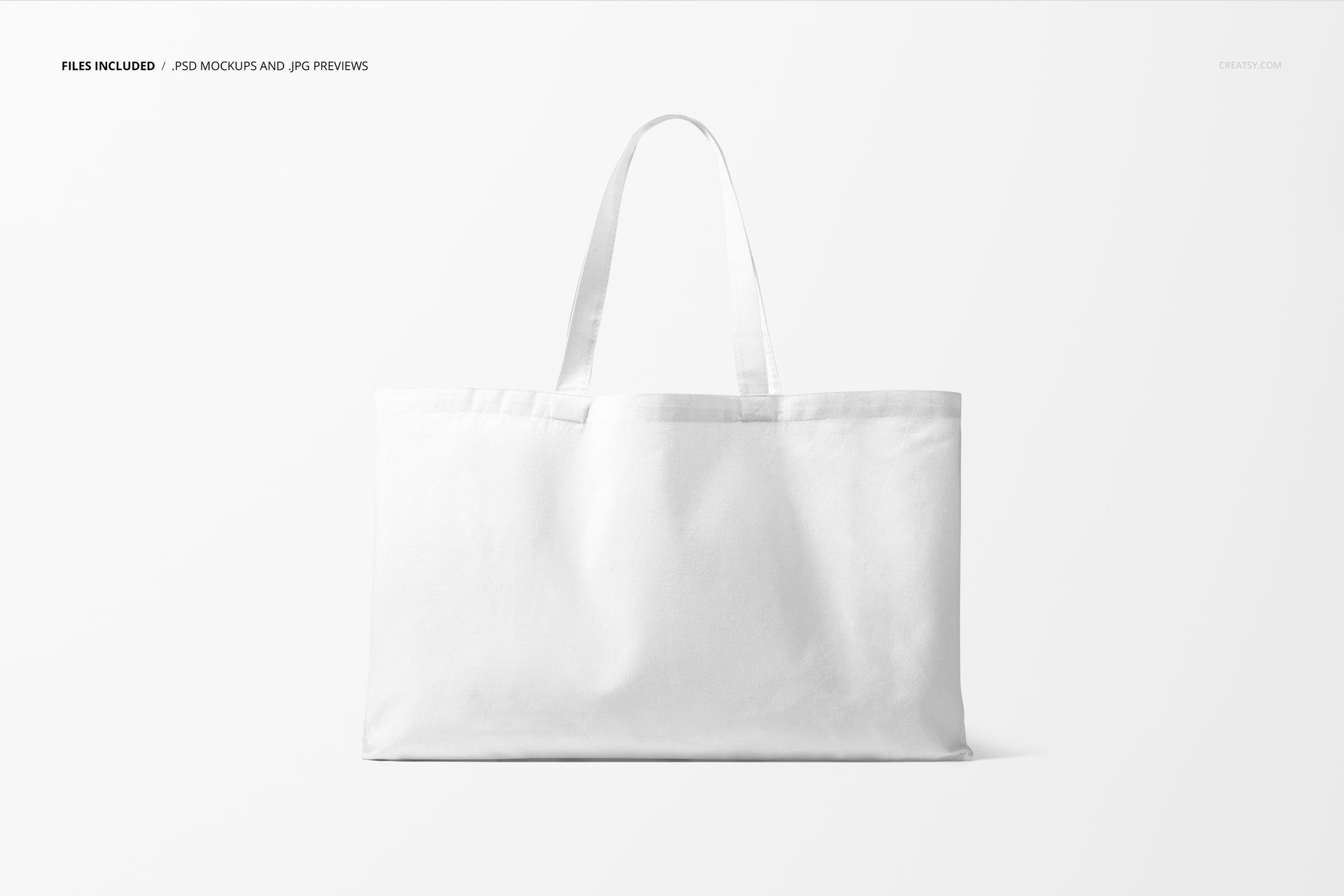 Front-facing large tote bag mockup in white, set against a clean background with both handles visible.