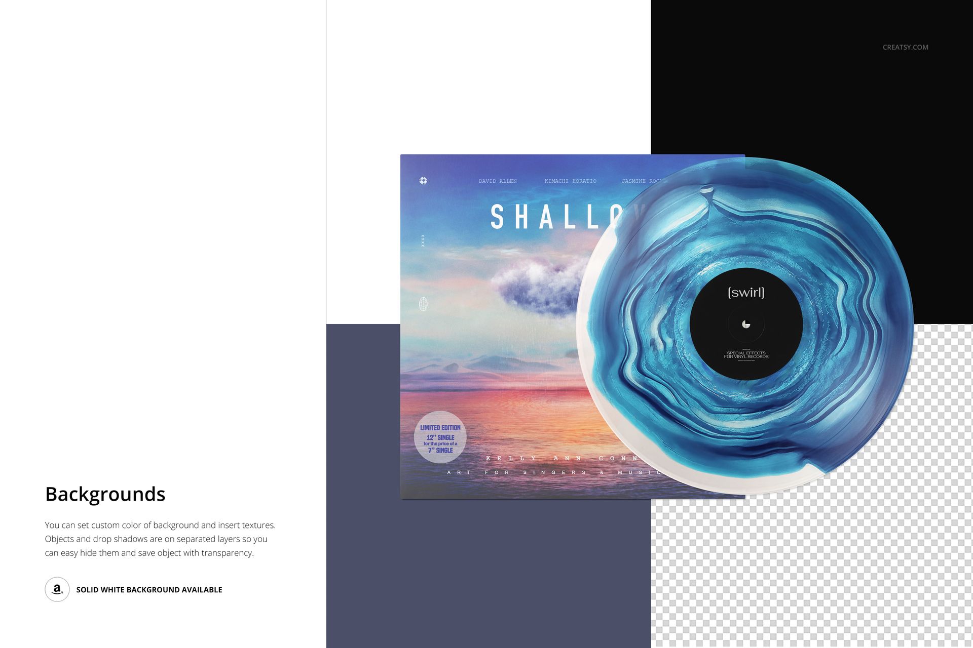 PSD mockup featuring a translucent swirl vinyl record and album cover, with realistic lighting and editable elements.