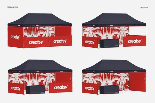 PSD mockup of a 10x20 pop-up tent, featuring a navy canopy and red walls with white palm leaf graphics, front perspective.