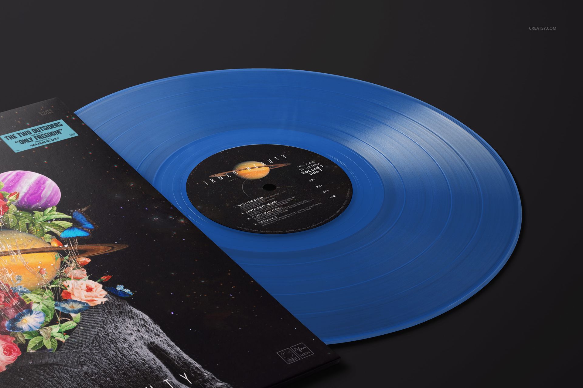 Translucent blue vinyl record mockup with detailed grooves, shown next to a vibrant illustrated album sleeve.