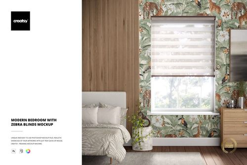 Contemporary bedroom mockup showing zebra blinds, botanical and animal print wallpaper, cozy bed, and wooden dresser.