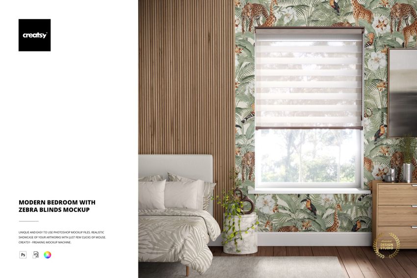 Contemporary bedroom mockup showing zebra blinds, botanical and animal print wallpaper, cozy bed, and wooden dresser.
