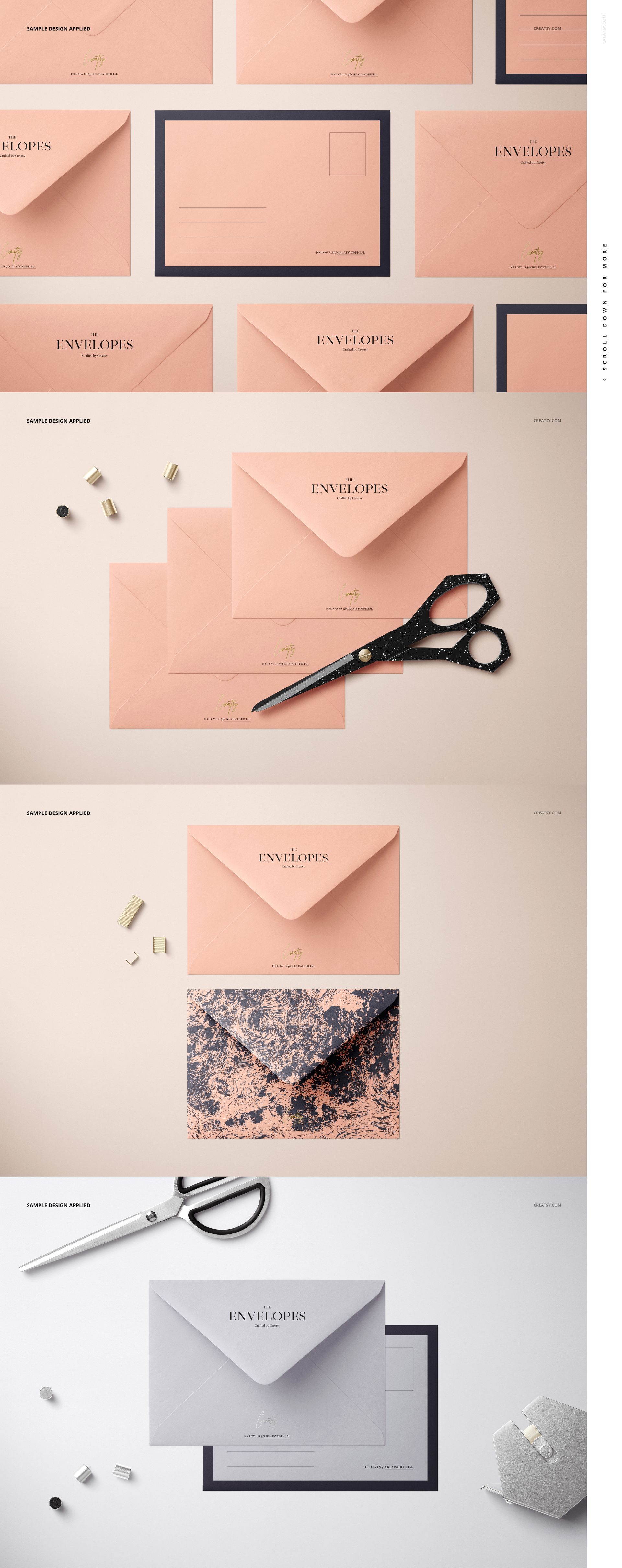 Stationery mockup featuring pastel pink and gray envelopes with matching cards, viewed from a top perspective.