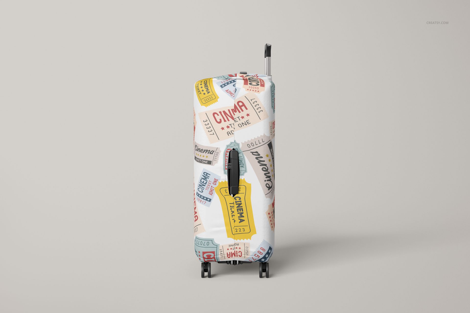 Mockup of a luggage cover on a suitcase, decorated with cinema and travel ticket motifs in red, blue, and yellow tones.