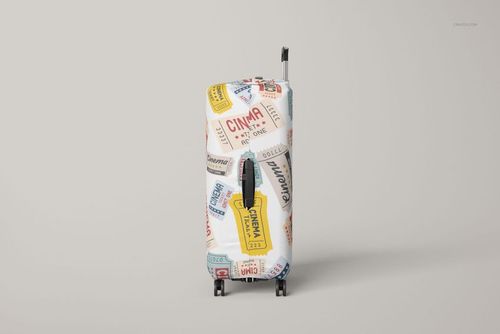 Mockup of a luggage cover on a suitcase, decorated with cinema and travel ticket motifs in red, blue, and yellow tones.