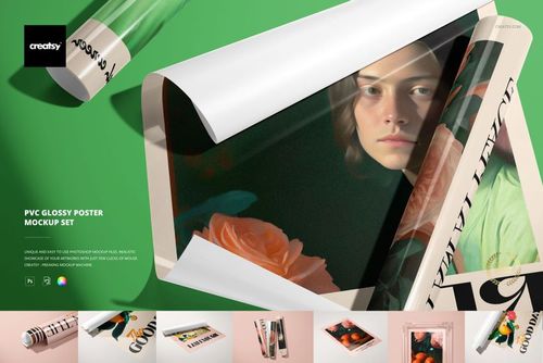 Glossy PVC poster mockup displayed partially unrolled on a dark surface, featuring floral artwork and tube packaging.