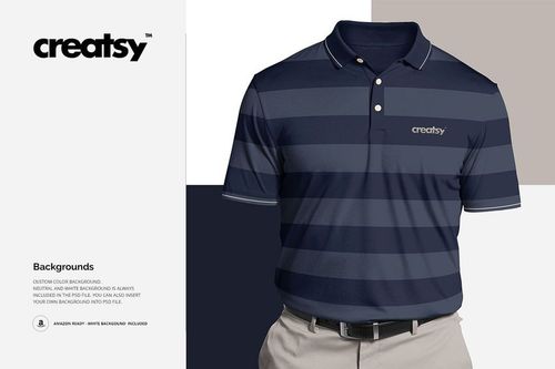 Front view of a polyester polo shirt mockup with navy and dark blue horizontal stripes, displayed on a neutral background.