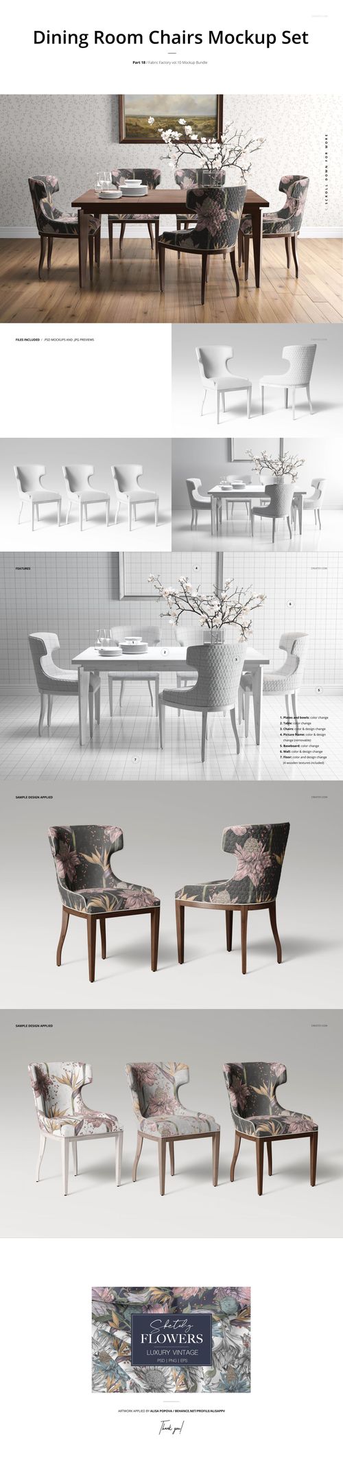 Dining room chair mockup set featuring wooden chairs with floral upholstery, displayed in a modern dining area.
