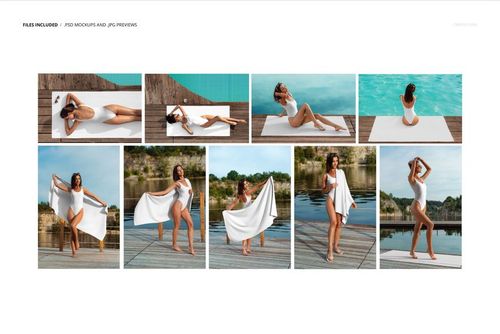 Woman in a white one-piece swimsuit poses by a pool on a wooden deck with a large white waffle towel mockup.