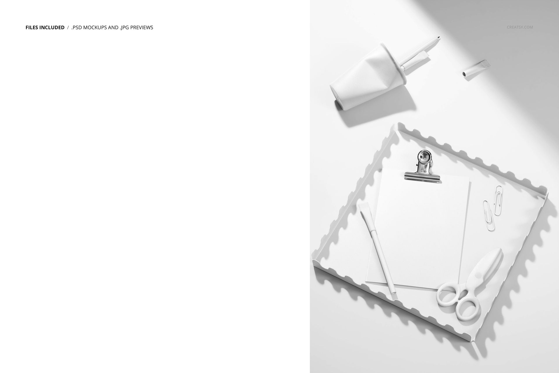 Top view of a stationery mockup scene with a greeting card on a scalloped tray, surrounded by white office supplies.