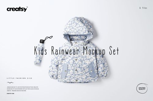 Kids rainwear mockup set featuring a hooded jacket and water bottle in blue and white flower print, flat lay style.