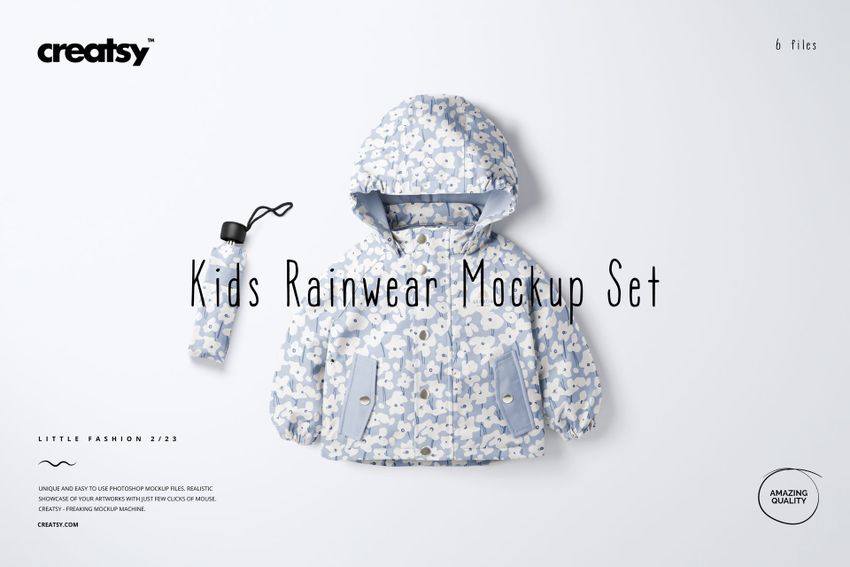 Kids rainwear mockup set featuring a hooded jacket and water bottle in blue and white flower print, flat lay style.