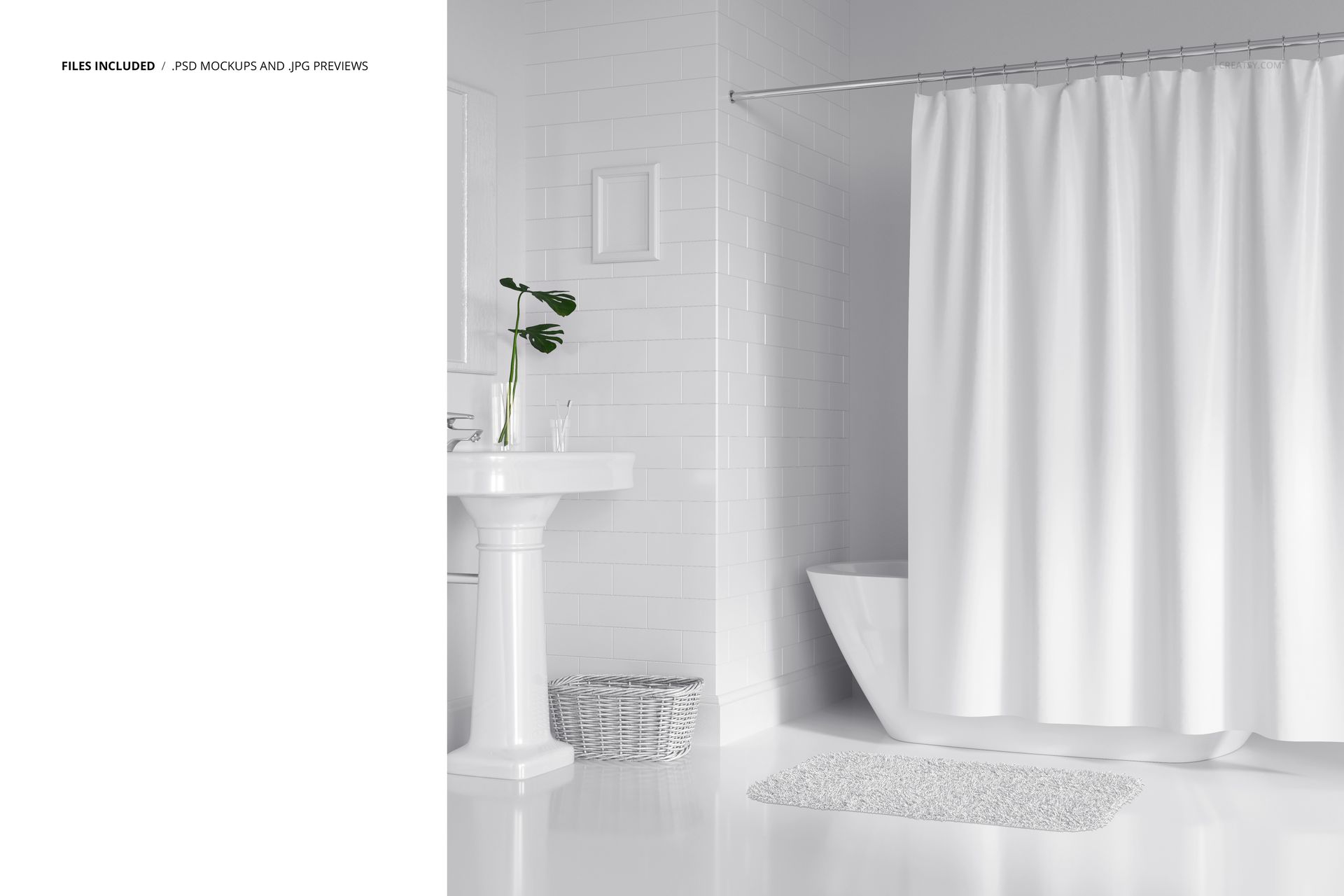 PSD mockup of a bathroom with a white bath curtain, clean white tiles, a sink, and a small green plant on the counter.