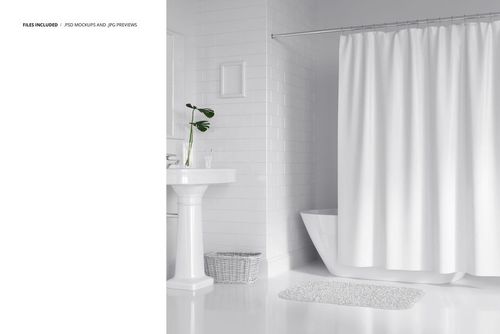 PSD mockup of a bathroom with a white bath curtain, clean white tiles, a sink, and a small green plant on the counter.