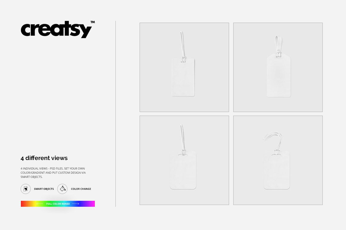 Set of four luggage diaper tag mockups in square layout, each tag shown with a strap on a neutral white background.