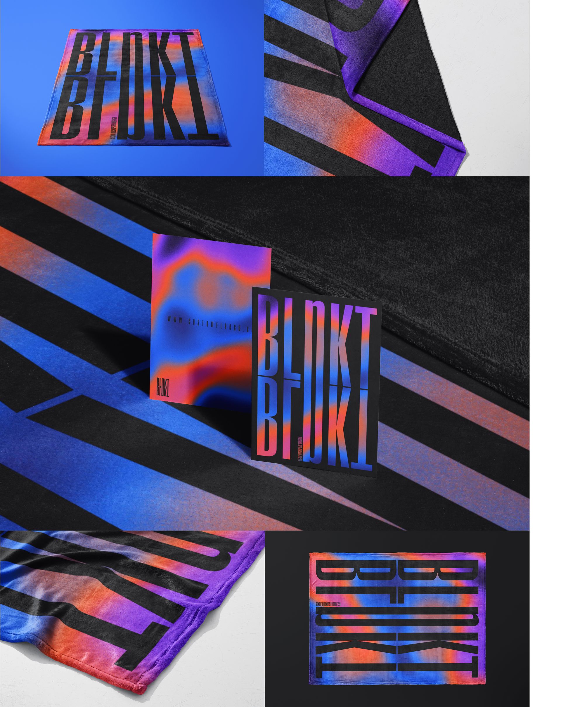 Fleece blanket mockup featuring a bold geometric design in blue, purple, orange, and black, shown from various angles.